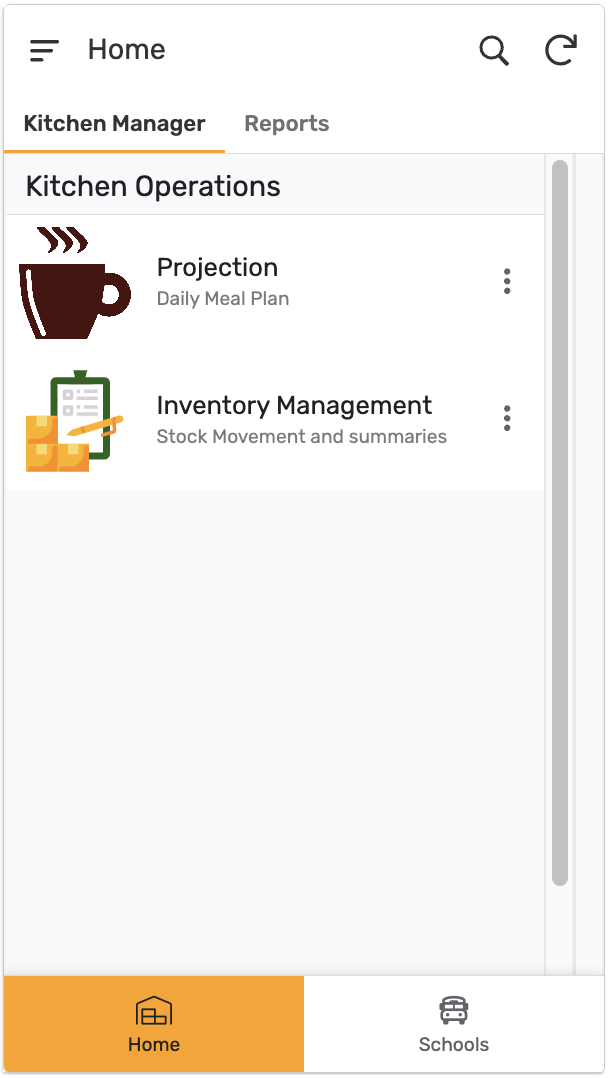Kitchen Manager home with Projection and Inventory Management tiles