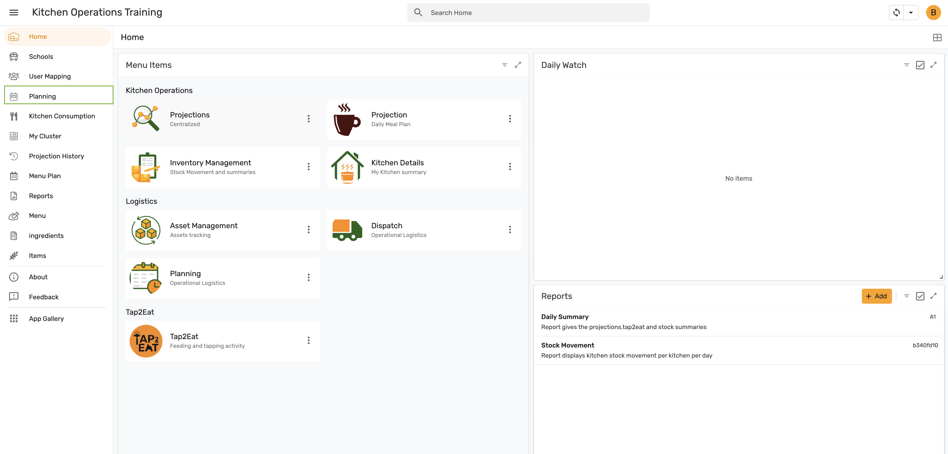 Home screen with Planning highlighted in the left navigation