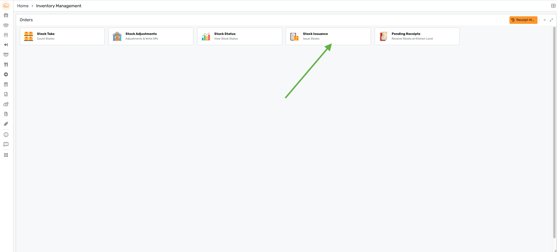 Inventory Management with the Stock Issuance card highlighted