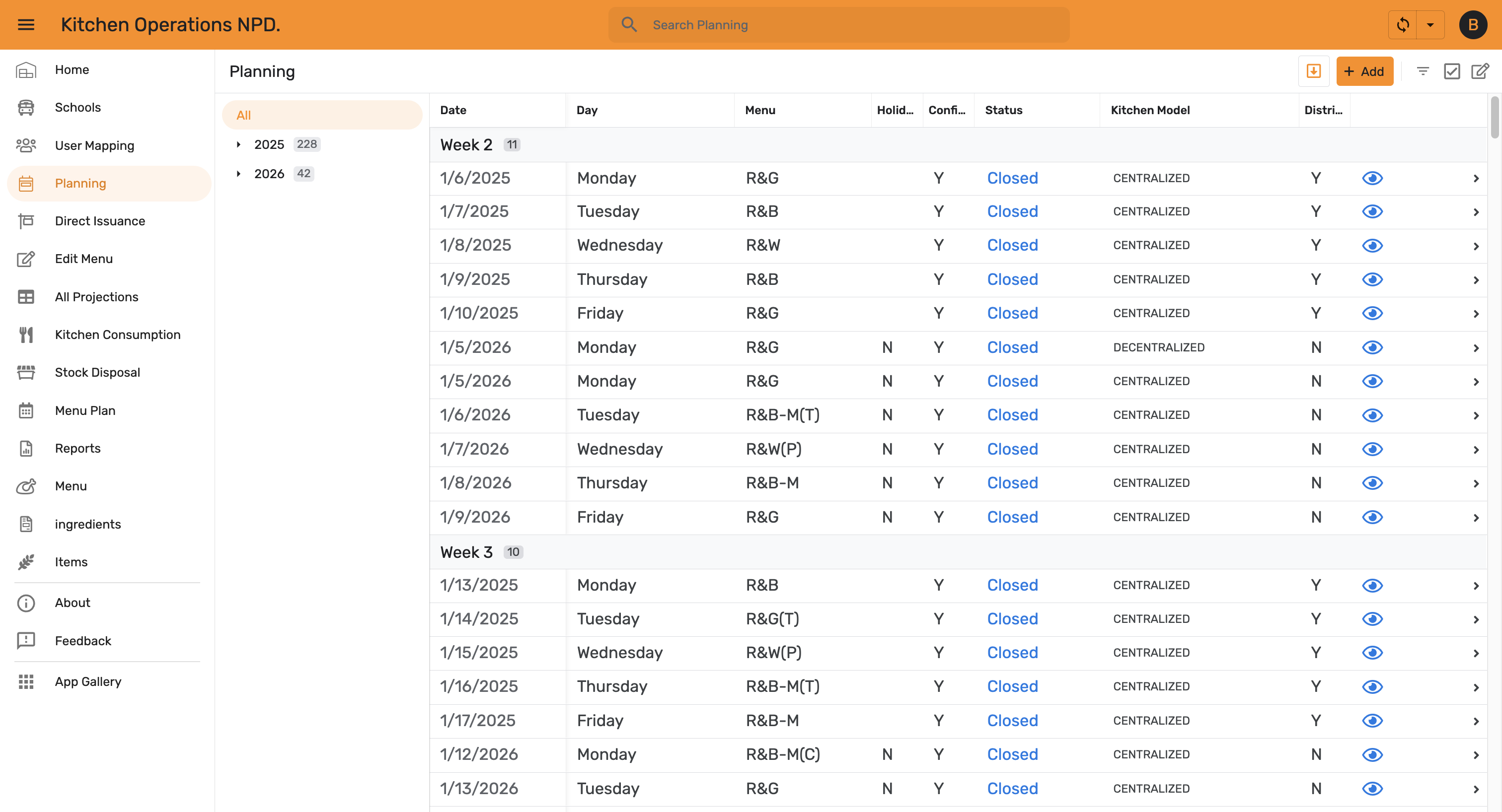 Planning list grouped by week — tap + Add to create a plan