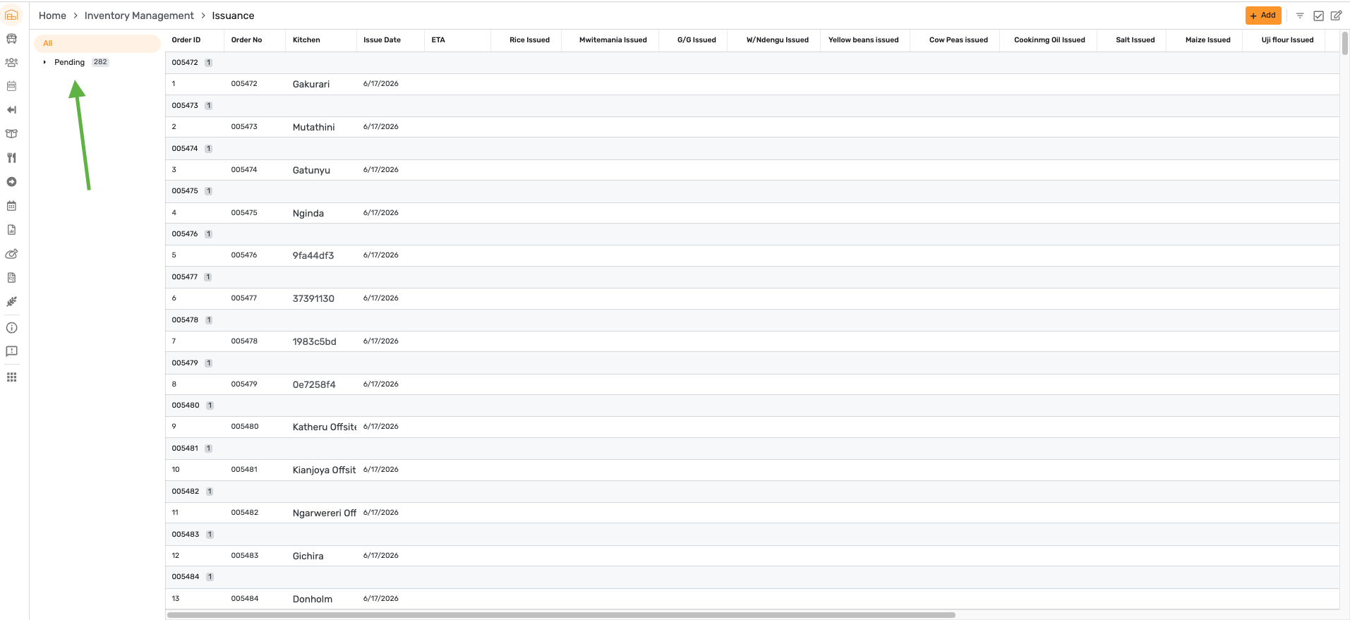 Issuance list with the Pending group highlighted