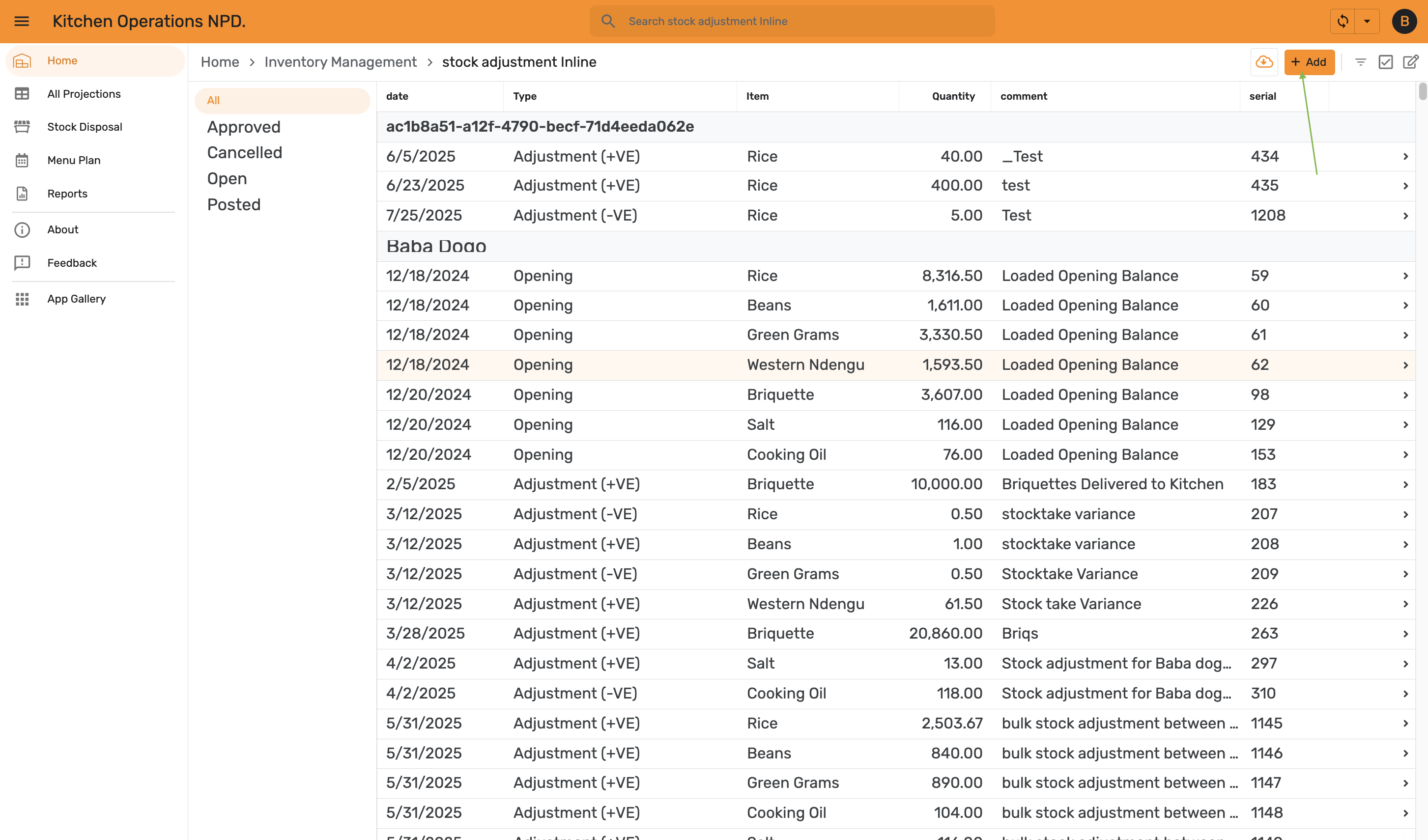 Stock adjustment list with the Add button highlighted