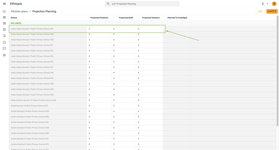Projection Planning — school list with headcount fields