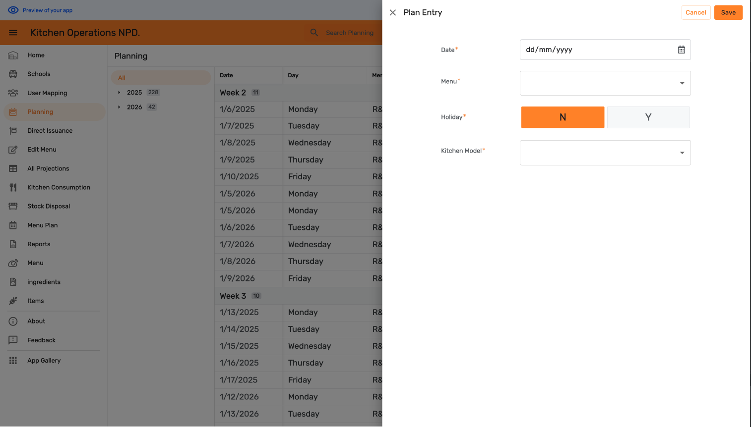 Empty Plan Entry form — Date, Menu, Holiday, and Kitchen Model