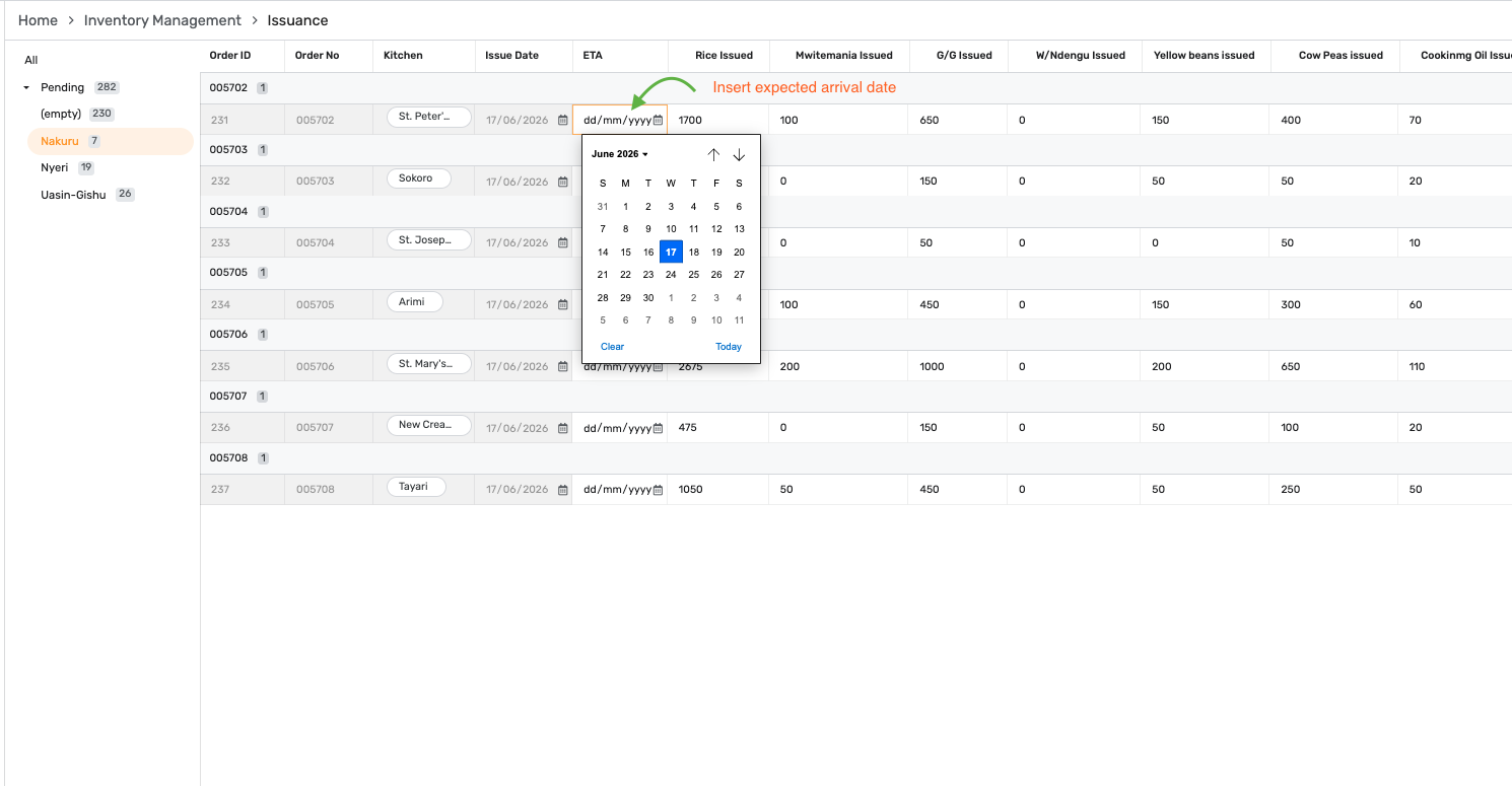 Date picker open on the ETA column