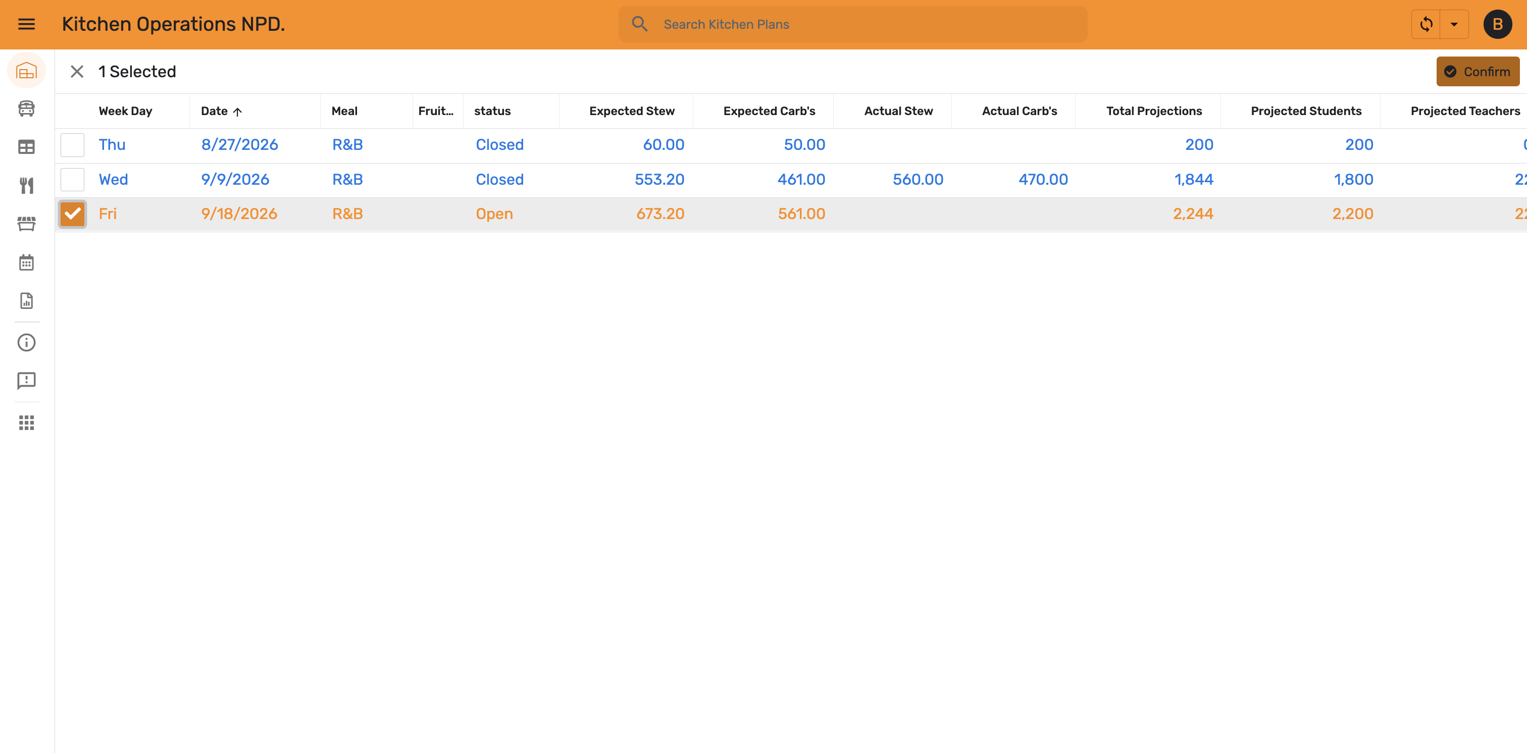 Plan row selected — Confirm button highlighted