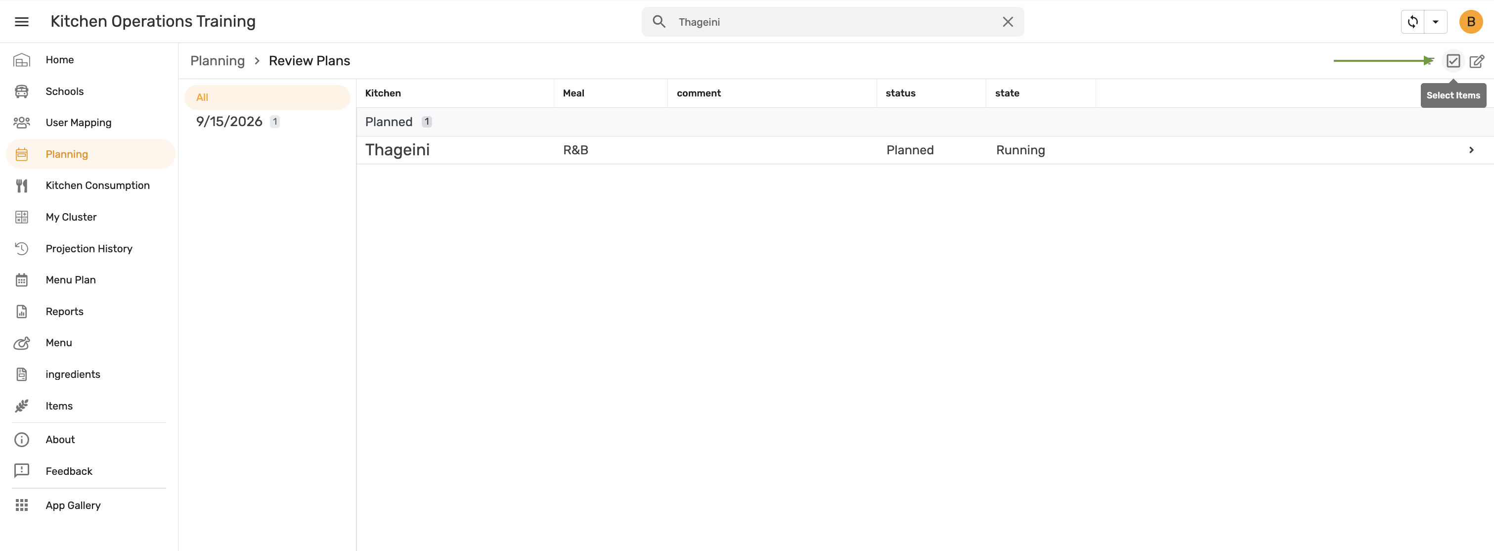 Search narrows the list to a single kitchen — tap Select Items