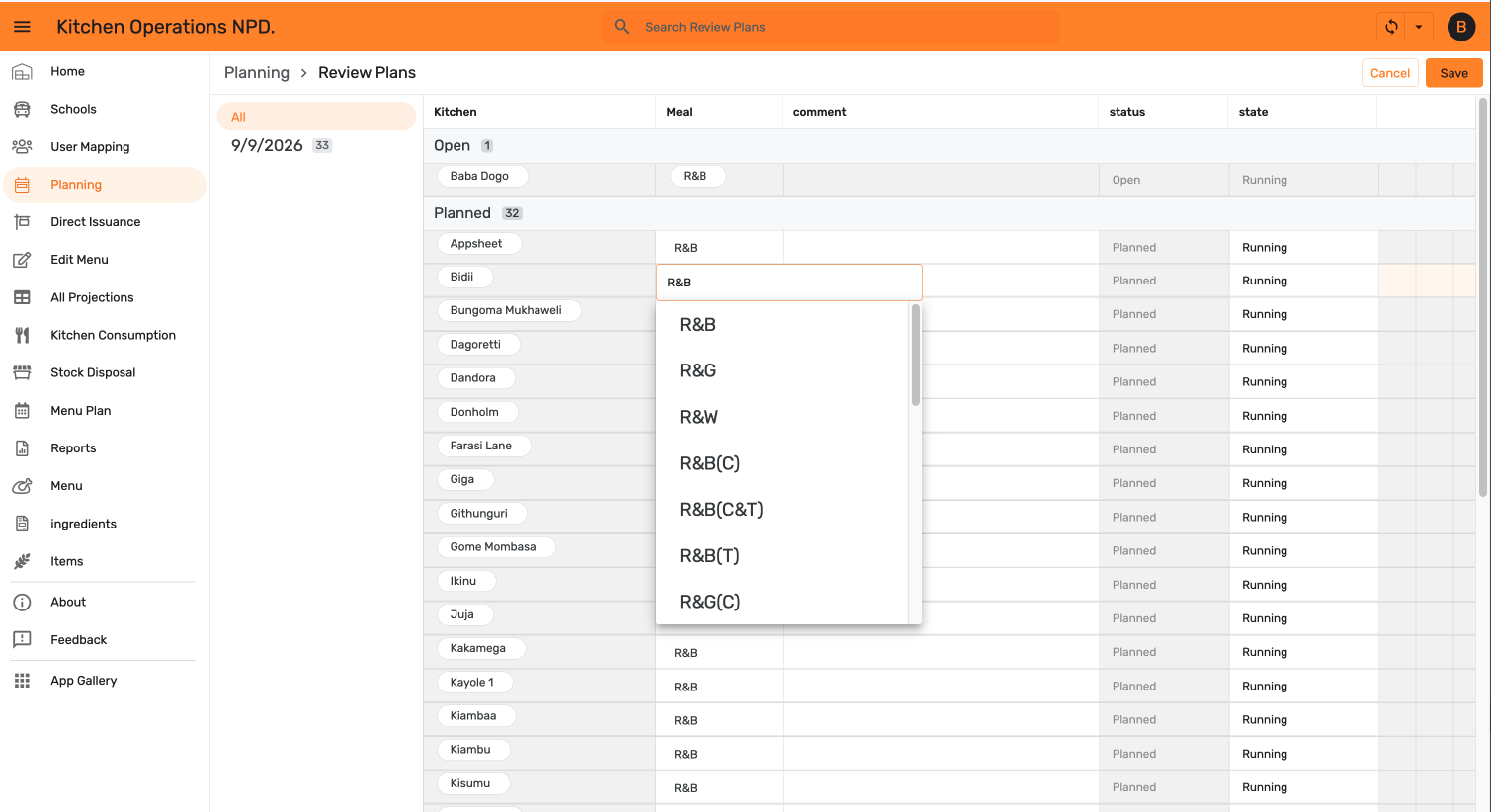 Quick Edit — choosing a different menu code for one kitchen