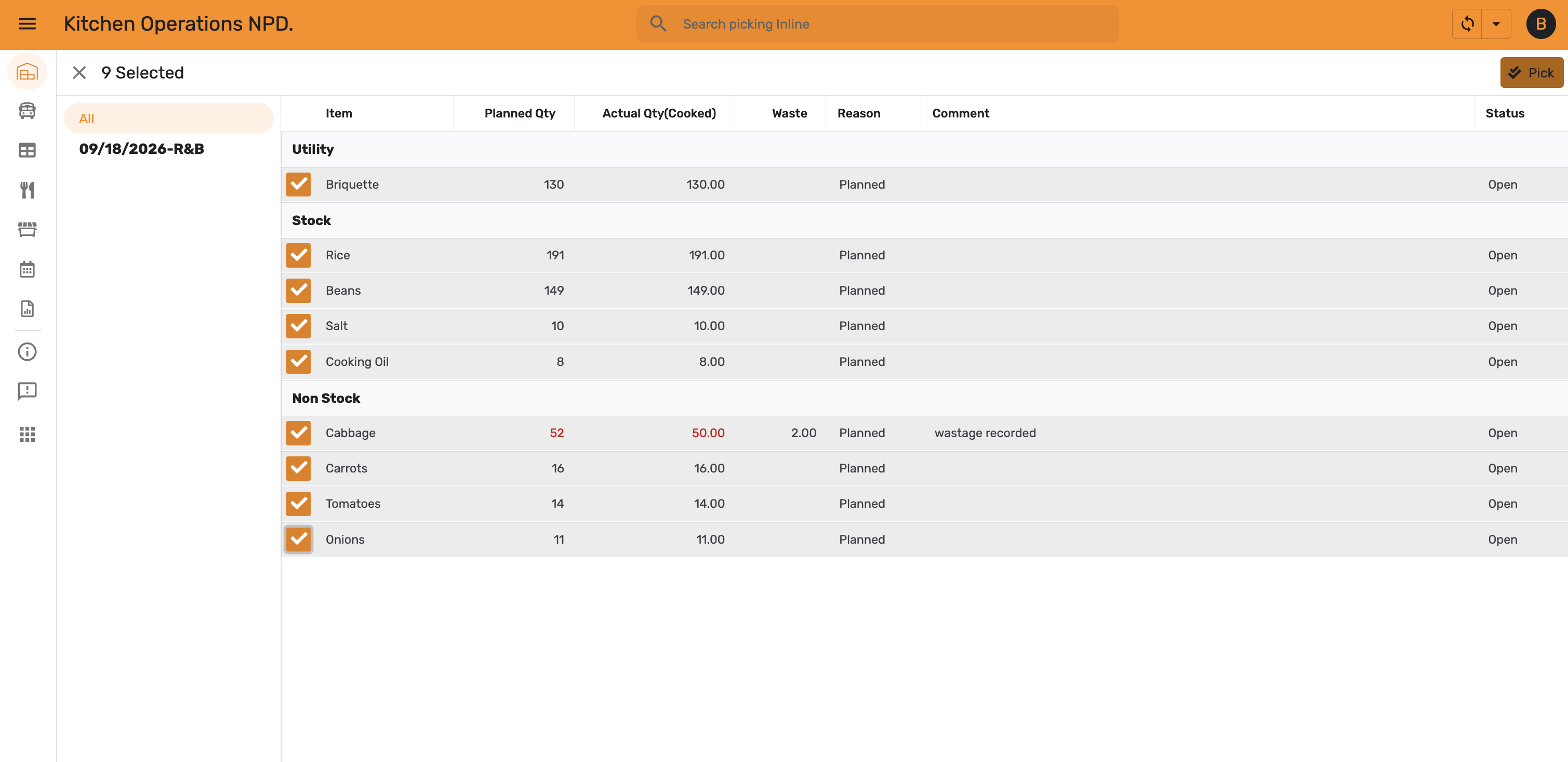 All items selected — Pick button highlighted