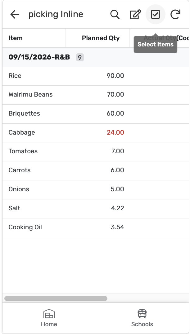 Saved actual quantities — Select Items highlighted