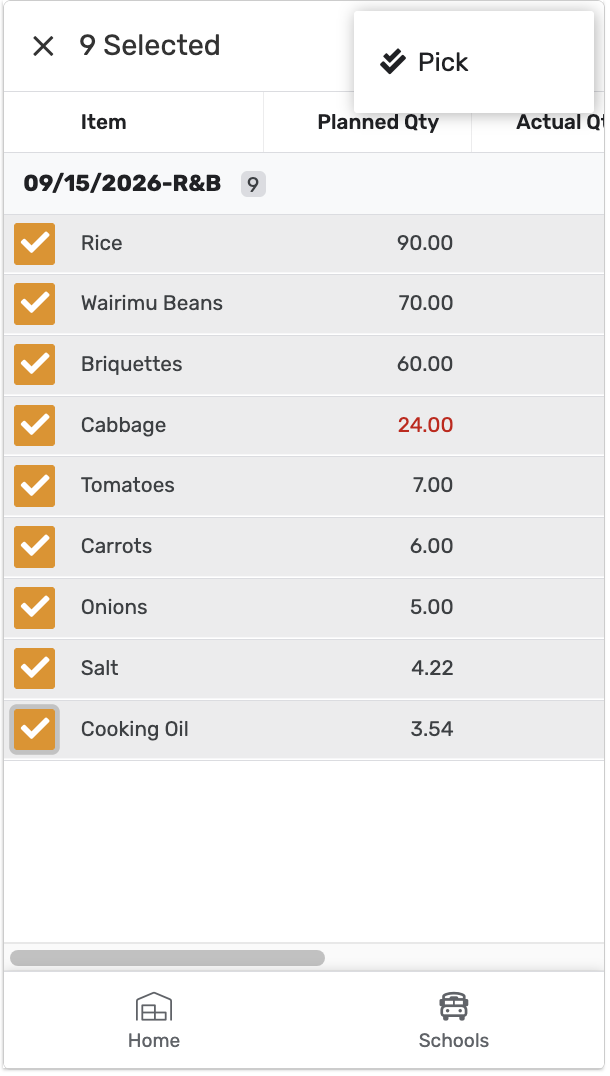 All 9 items selected — Pick button highlighted