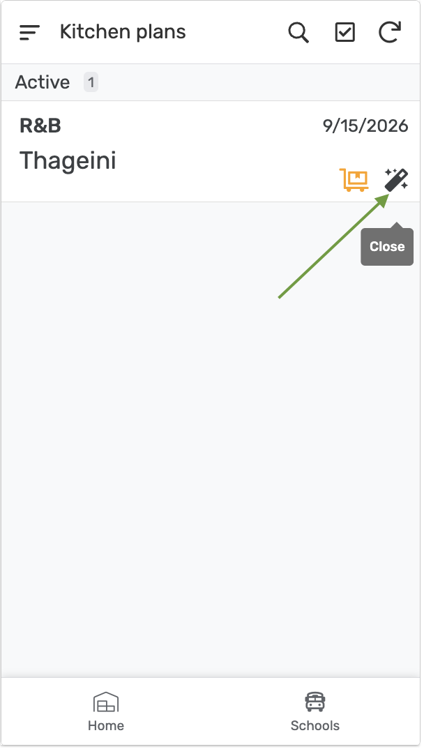 Kitchen plan Active — Close highlighted