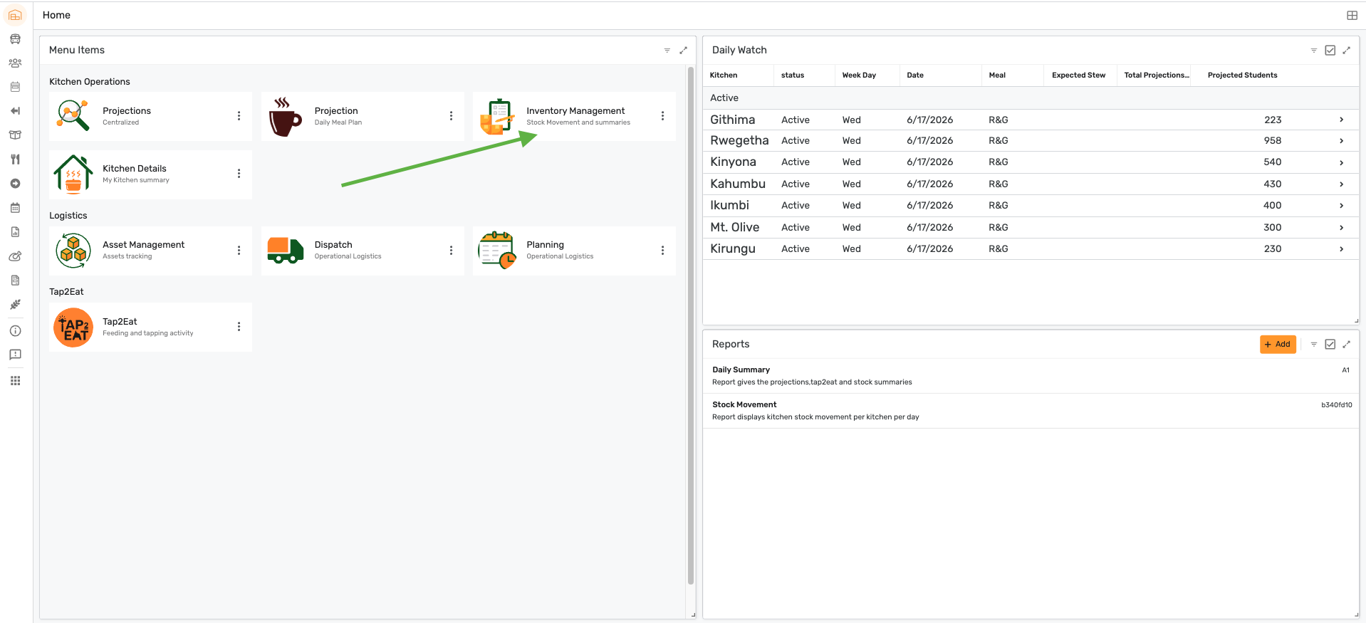 Home screen with Inventory Management highlighted