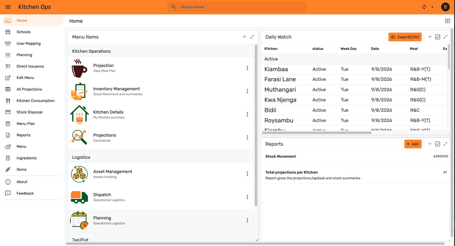 Kitchen Ops home screen with Planning in the left navigation