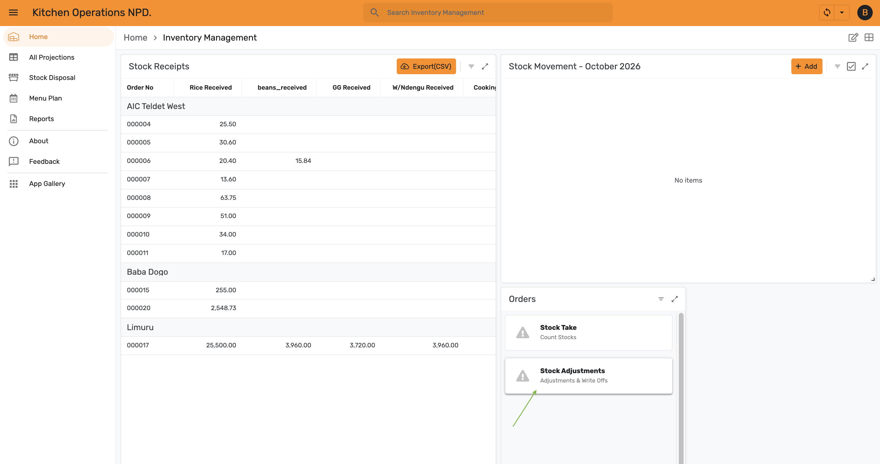 Inventory Management with the Stock Adjustments card highlighted