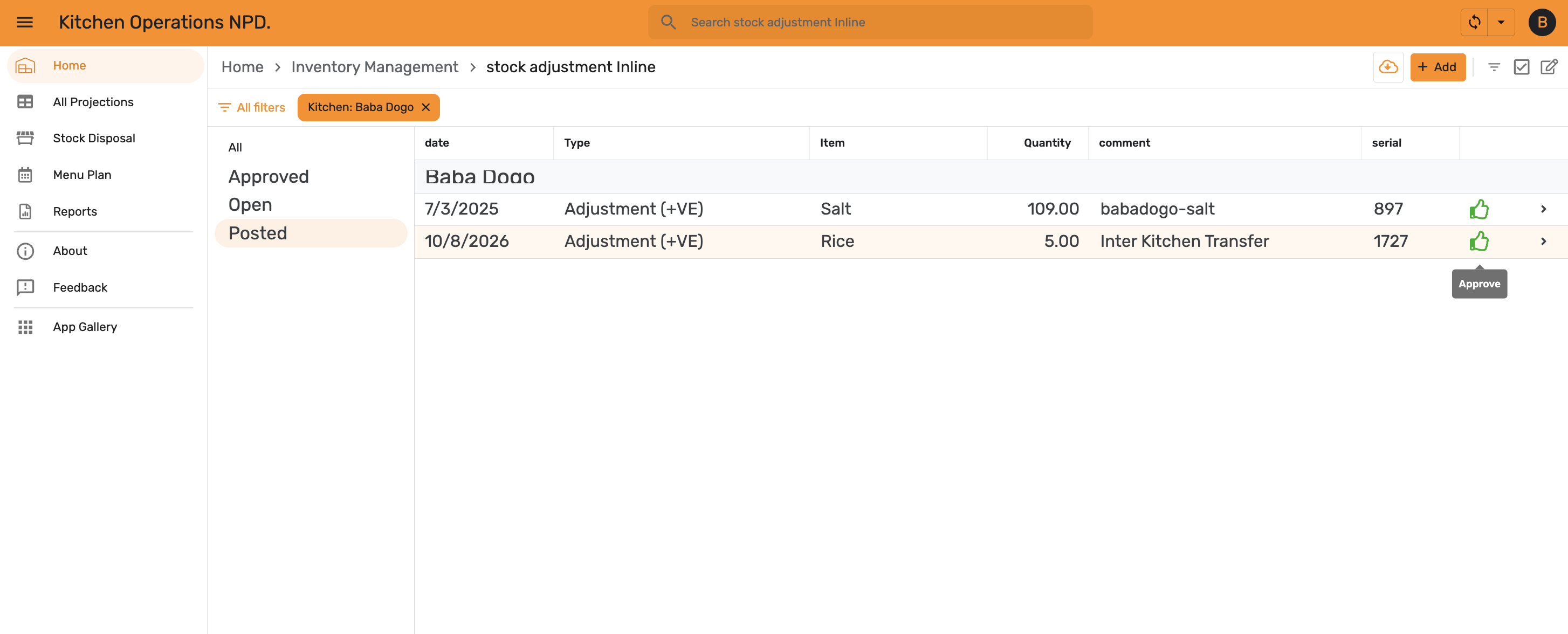 Posted adjustment with the Approve button highlighted