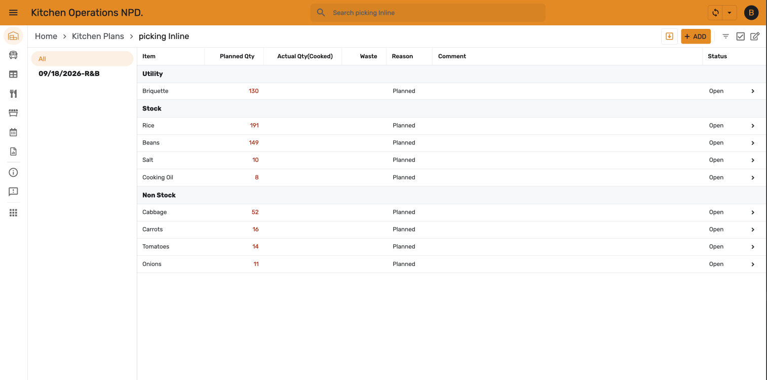 Picking Inline — items grouped by Utility, Stock, and Non Stock
