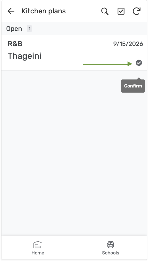 Kitchen plan still Open — Confirm highlighted