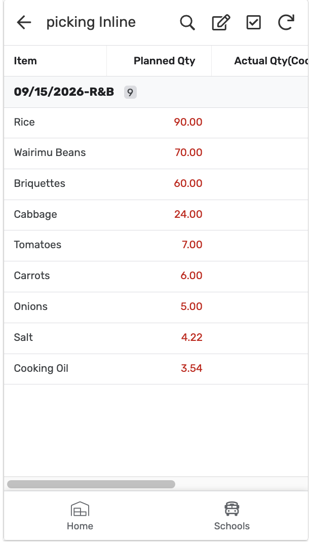 Picking Inline — 9 items with planned quantities