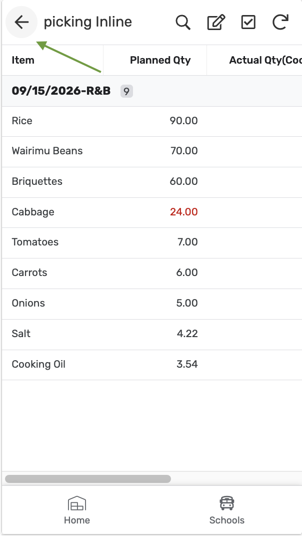 Items picked — navigating back to the kitchen plan
