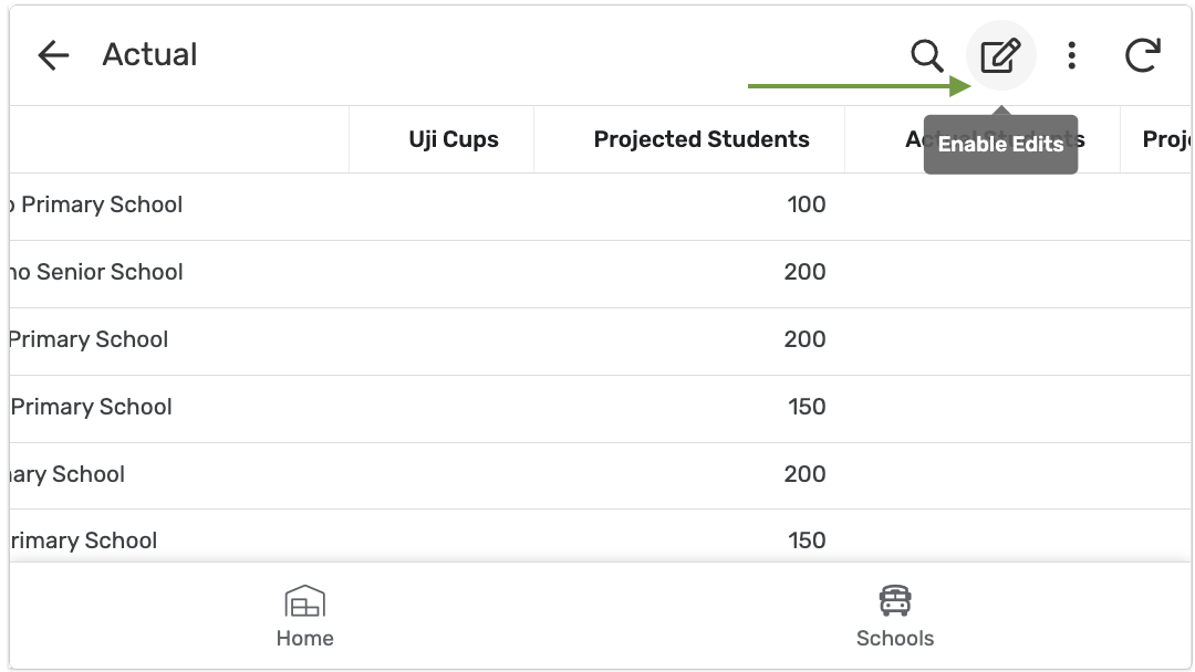 Scrolled right to Projected Students — Enable Edits highlighted